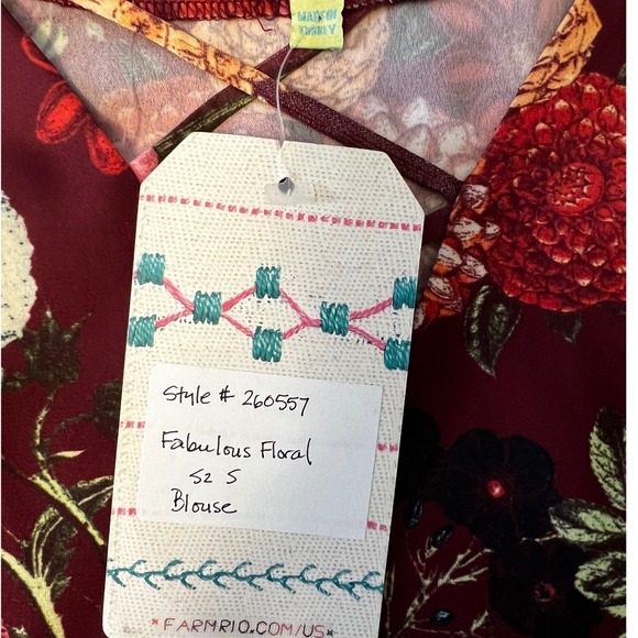 FARM Rio Fabulous Floral Blouse Size S Burgundy Long Sleeve Top NWT - Picture 2 of 10